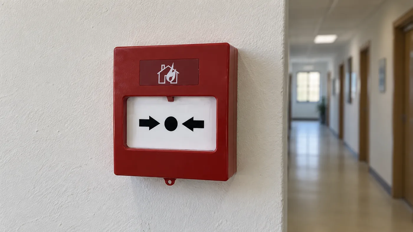 Koridor duvarında Teknim TFB-3165 yangın ihbar butonu