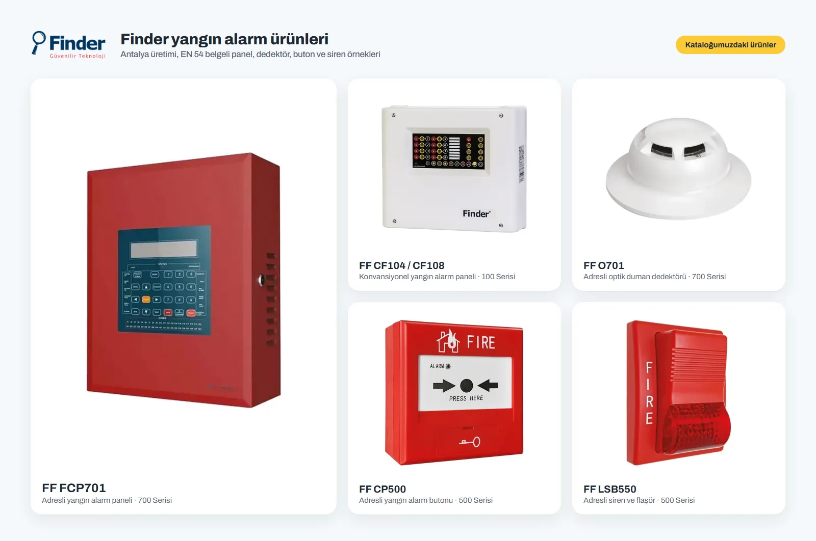 Kataloğumuzdaki Finder yangın alarm ürünleri: FF FCP701 adresli panel, FF CF104 CF108 konvansiyonel panel, FF O701 optik duman dedektörü, FF CP500 yangın alarm butonu ve FF LSB550 siren flaşör