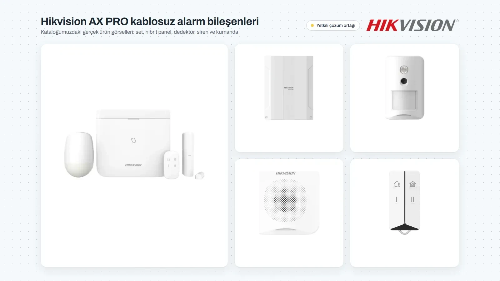 Hikvision AX PRO kablosuz alarm bileşenleri: DS-PWA96-KIT-WE alarm seti, DS-PHA48-EP-B AX Hybrid Pro hibrit panel, DS-PD201PC10-WE kablosuz PIR kameralı dedektör, DS-PS201-WB kablosuz iç mekân siren ve DS-PKF401-WE-O-STD kablosuz kumanda