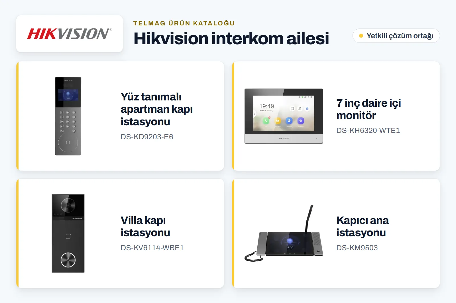 Hikvision interkom ailesinden dört katalog ürünü: yüz tanımalı apartman kapı istasyonu, 7 inç daire içi monitör, villa kapı istasyonu ve kapıcı ana istasyonu