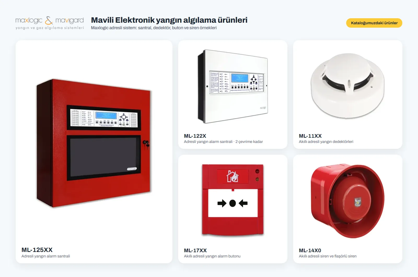 Kataloğumuzdaki Mavili Elektronik Maxlogic ürünleri: ML-125XX ve ML-122X adresli yangın alarm santralleri, ML-11XX adresli dedektör, ML-17XX yangın alarm butonu ve ML-14X0 flaşörlü siren