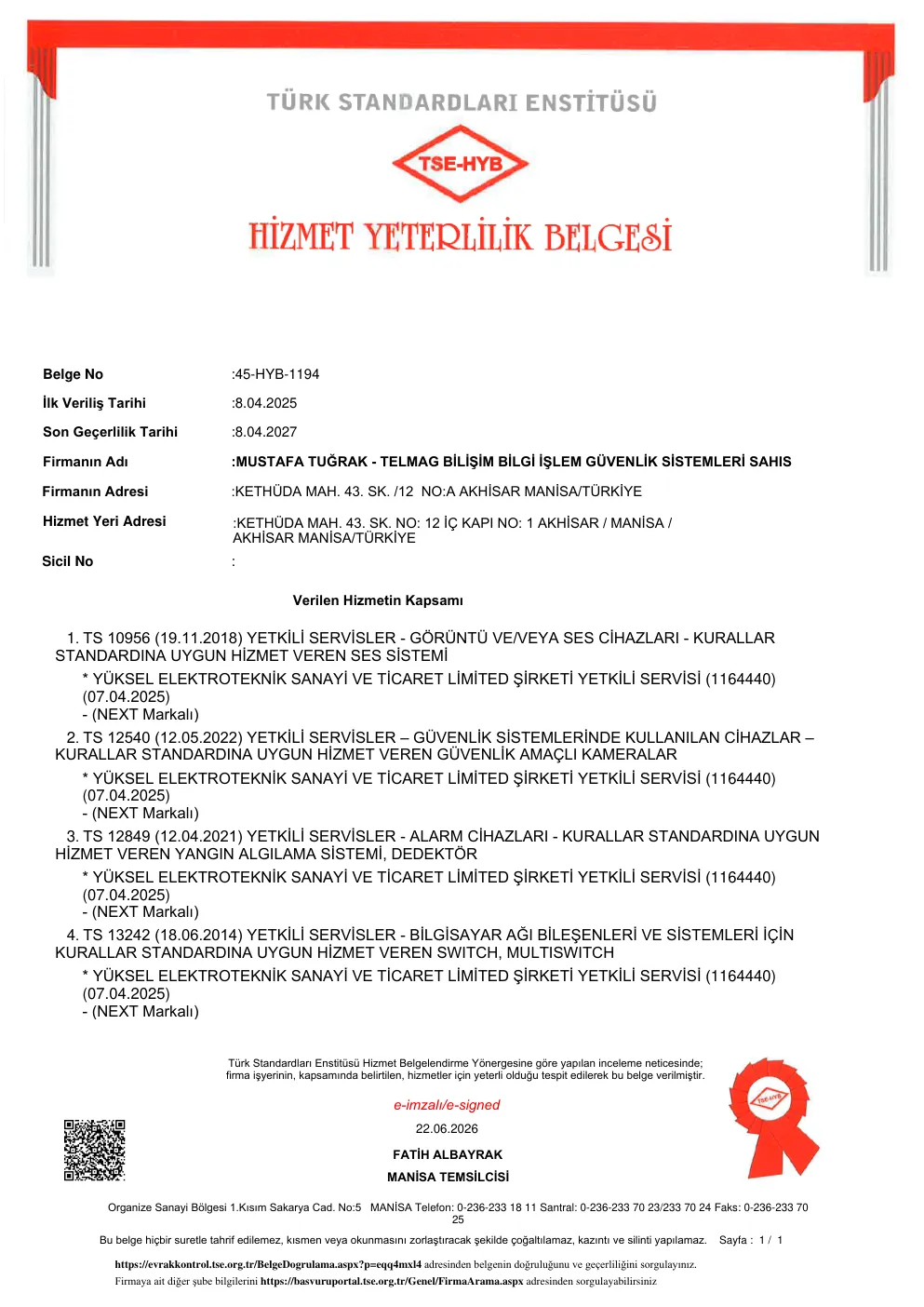 TSE Hizmet Yeterlilik Belgesi 45-HYB-1194, Türk Standardları Enstitüsü