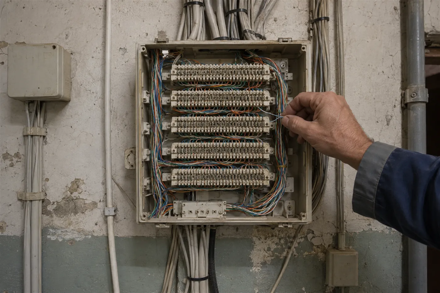Duvardaki regletli telefon dağıtım kutusunda renk kodlu bakır damarları düzenleyen teknisyen eli