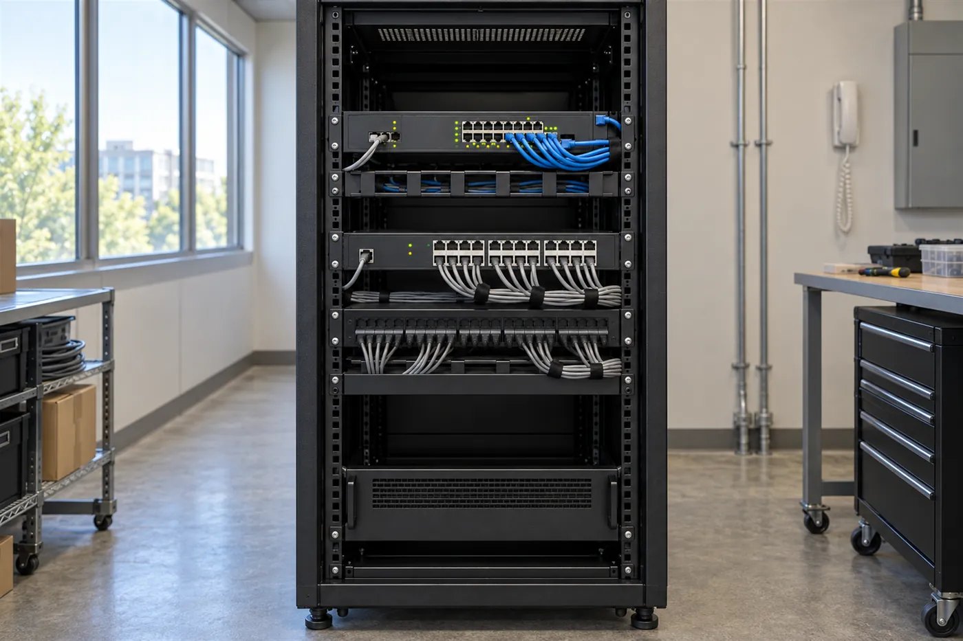 19 inç kabinete monte 24 portlu analog ağ geçidi, iki sıra telefon portuna takılı düzenli gri kablolar, üstünde switch ve altında patch panel