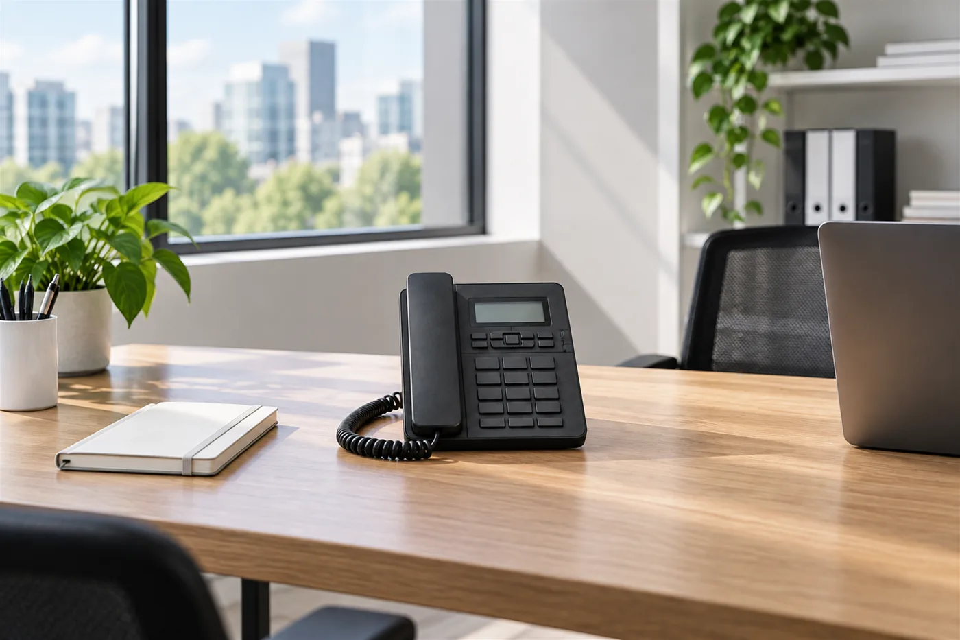 Ofis masasında LCD ekranlı modern masa telefonu, ahizesi yerinde ve spiral kablosu düzenli, yanında not defteri ve dizüstü bilgisayar