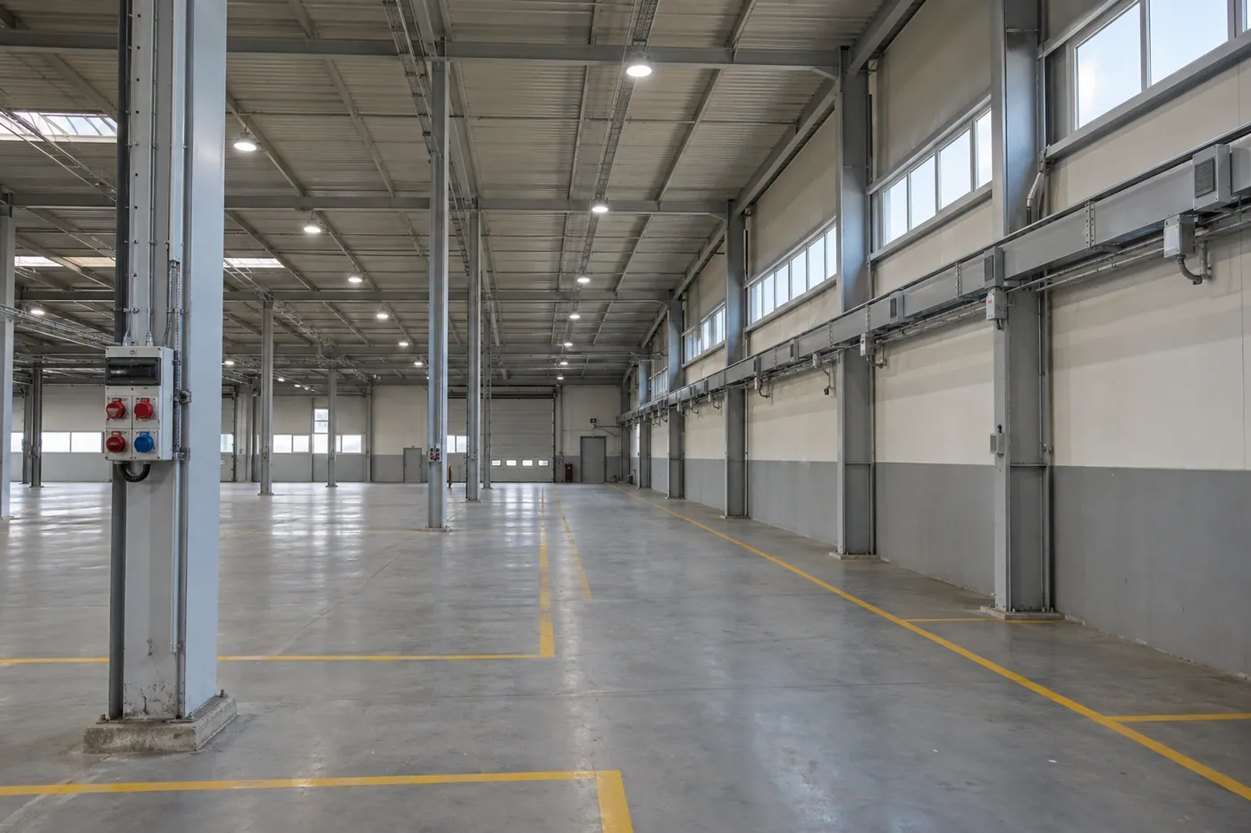 Yüksek tavanlı boş üretim holünde sıra hâlinde LED armatürler, yan duvar boyunca bara dağıtım hattı ve kolonda endüstriyel priz kutusu