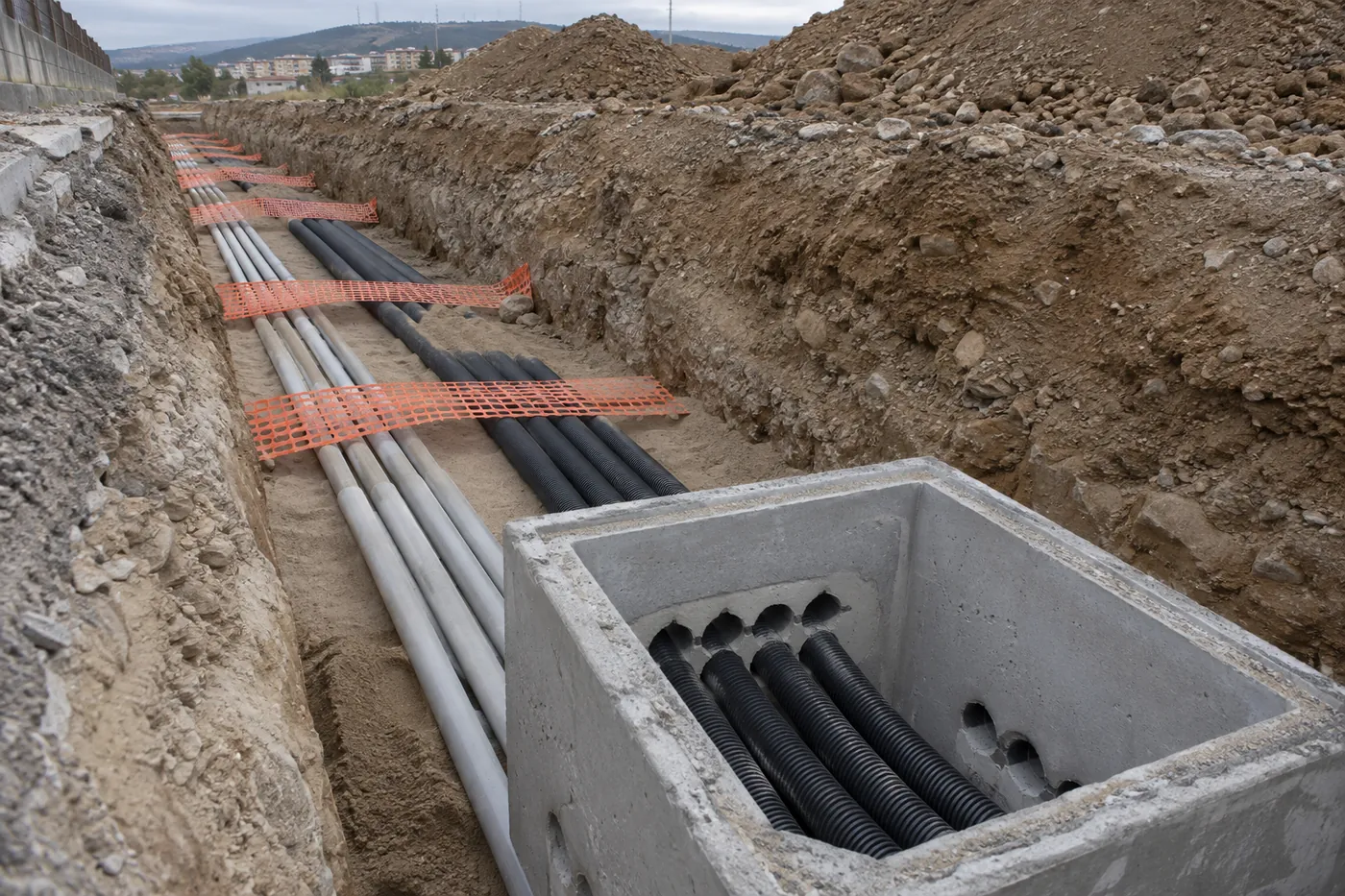 Bina dışındaki açık hendekte beton ve HDPE kablo koruma boruları ile kablo çekme menholü