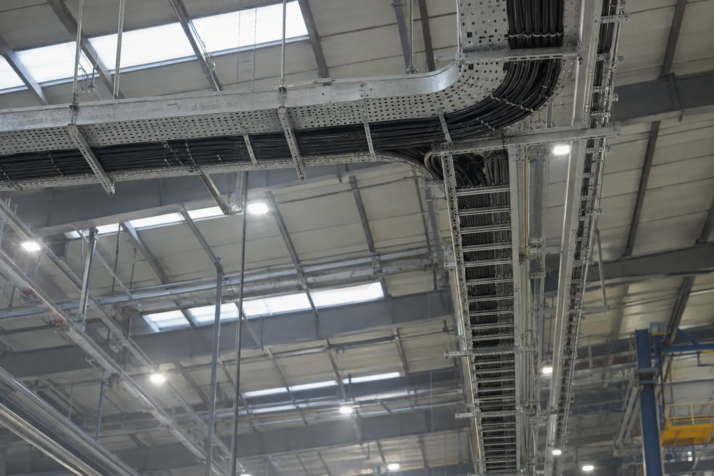 Fabrika tavanında delikli galvaniz ve merdiven tipi kablo tavaları üzerinde sabitlenmiş elektrik kabloları