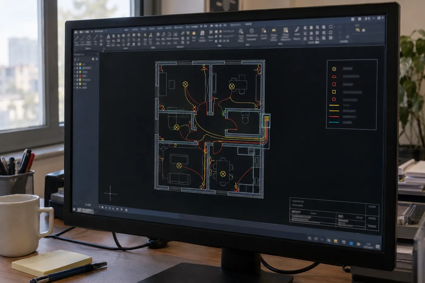 AutoCAD ekranındaki kat planında priz, aydınlatma, linye ve pano sembolleri