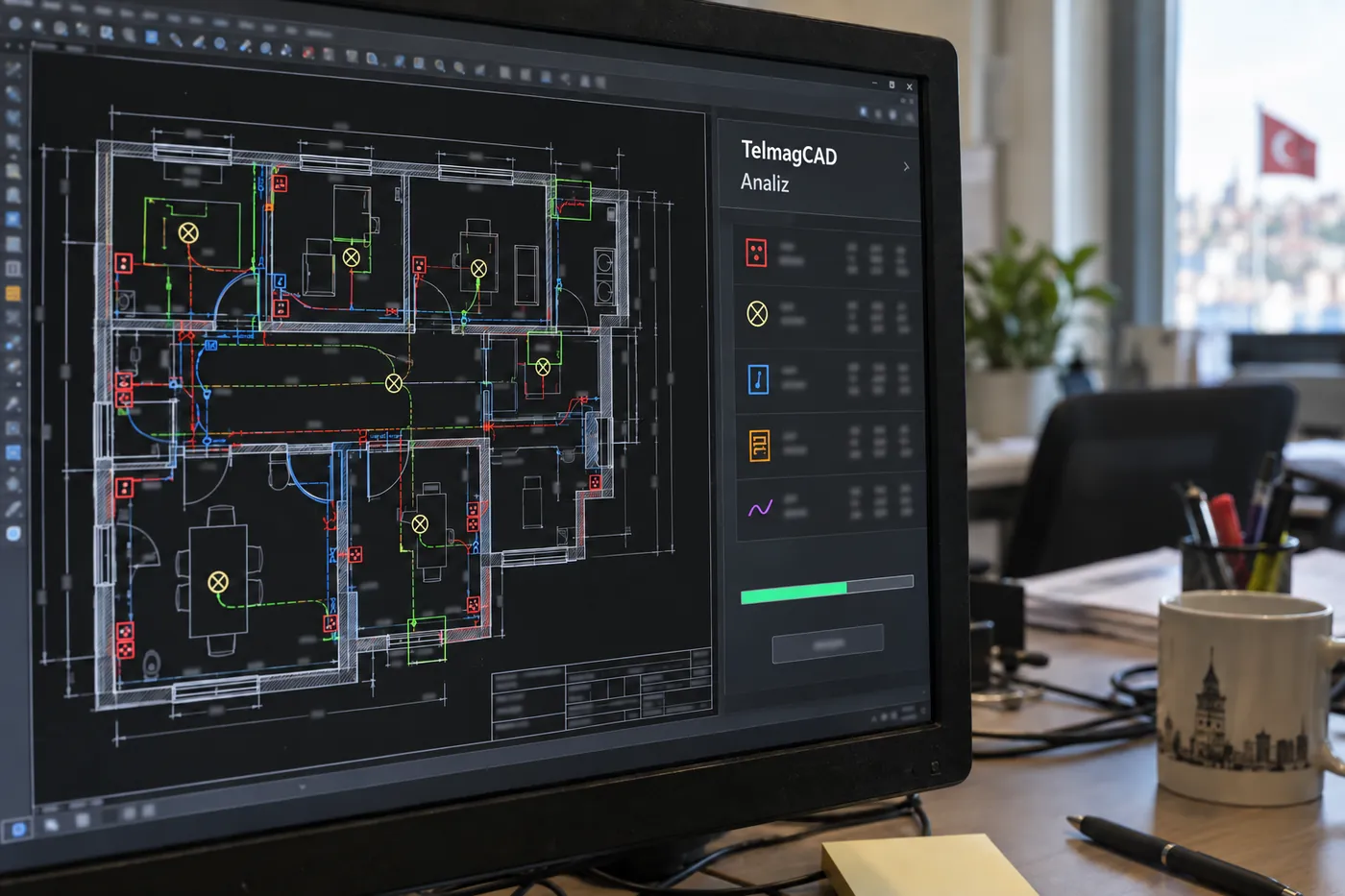 AutoCAD içinde TelmagCAD başlıklı analiz paneli, planda vurgulanan semboller ve yanlarında adet ve metraj tablosu