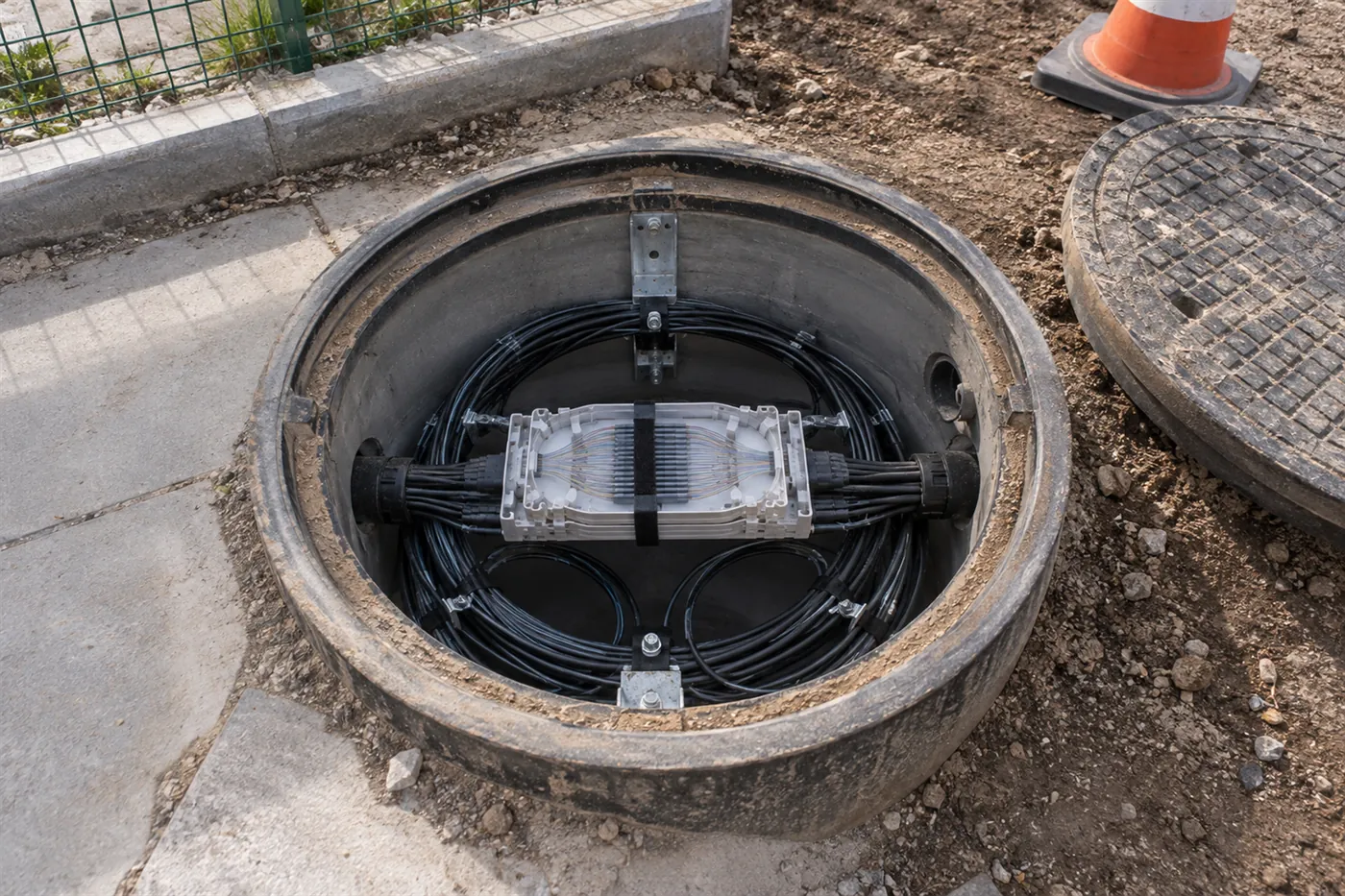 Kapağı açık yeraltı ek odasında kıvrımlı fazlalık fiber kablo ve ek kaseti