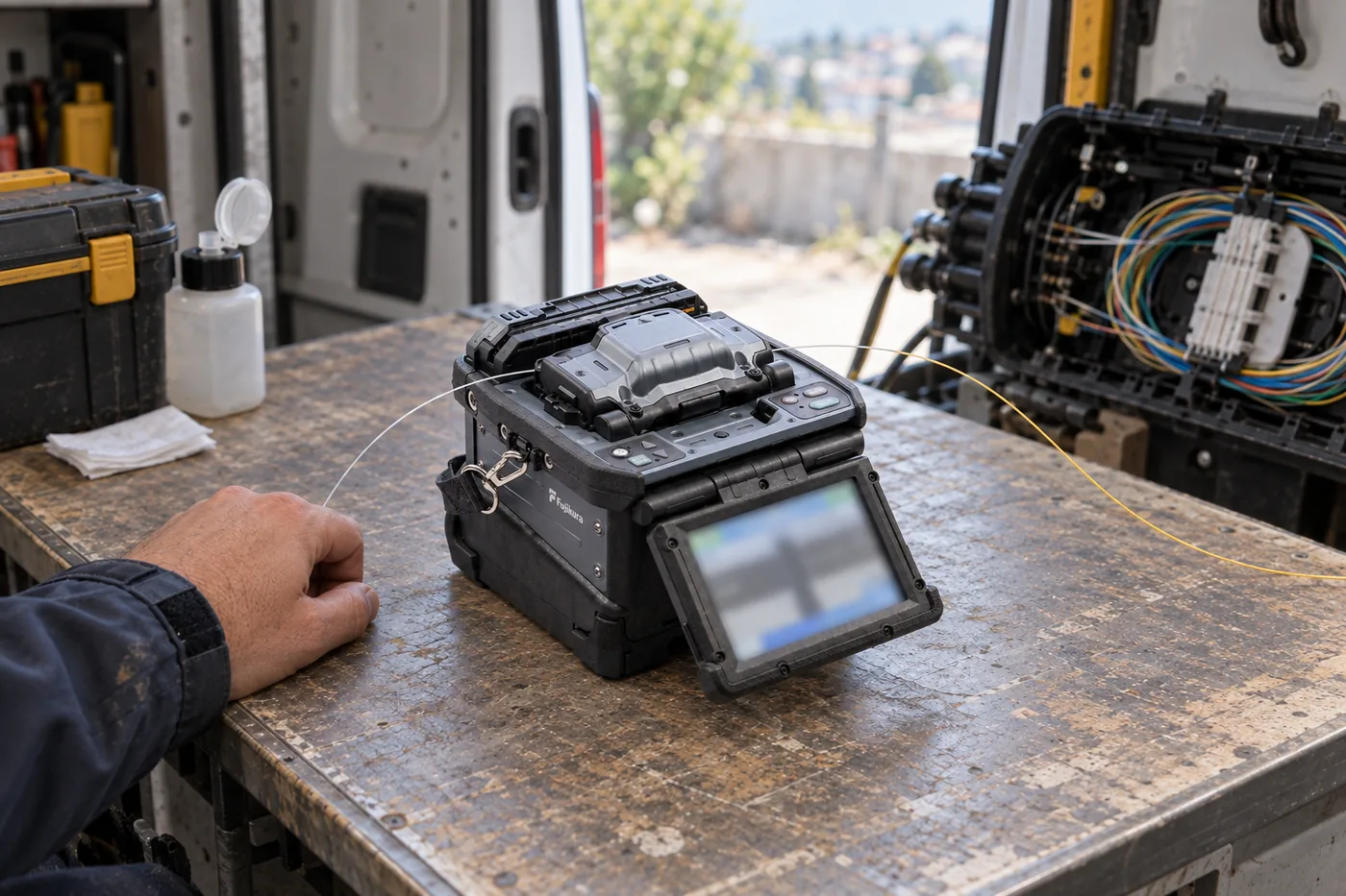 Korunaklı saha çalışma alanında füzyon ek makinesinde fiber ekleme, ekran ayrıntıları bulanık