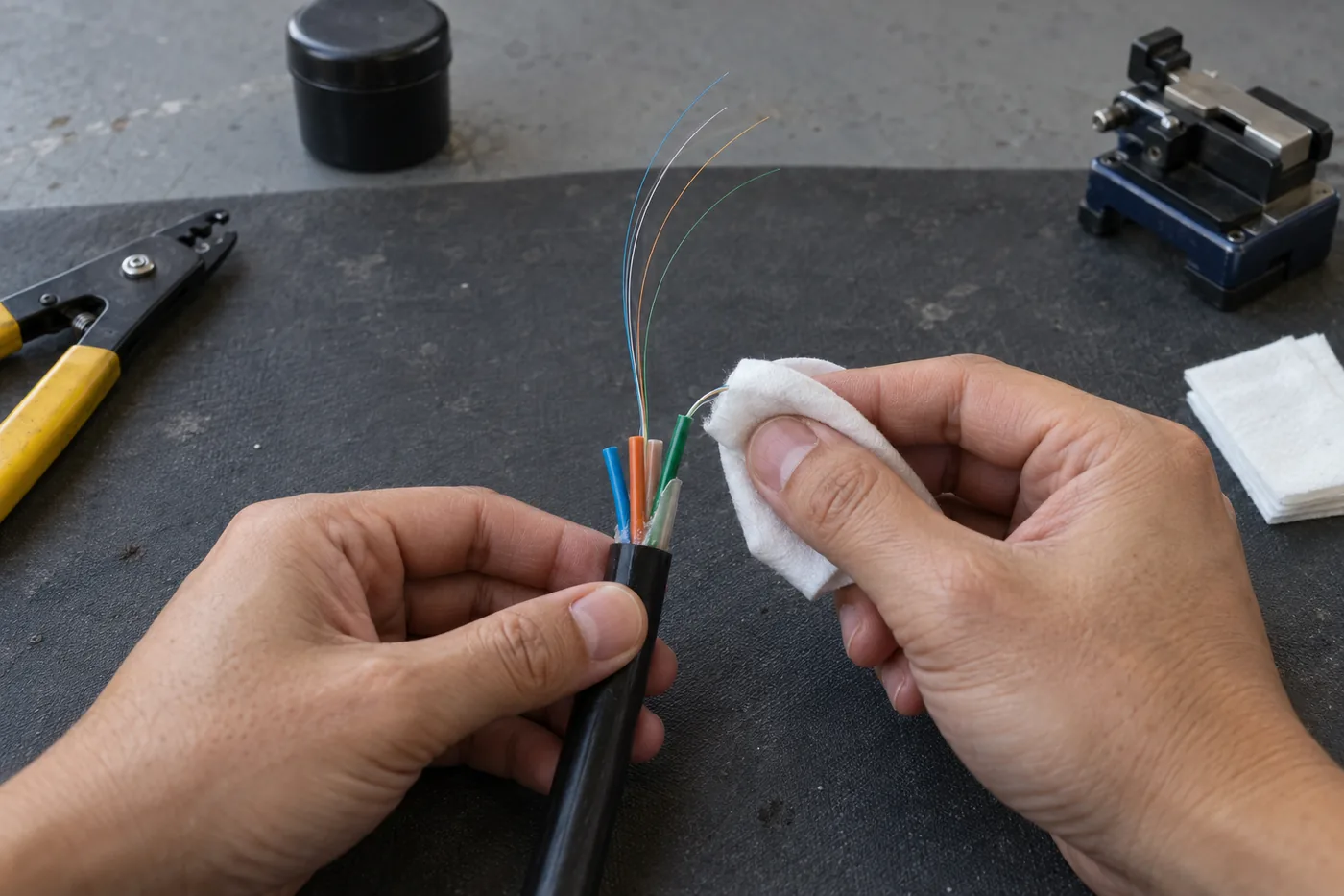 Yüzü görünmeyen teknisyenin elleriyle dış kılıfı açılmış fiber kablonun tüplerini ve fiberlerini temizlemesi