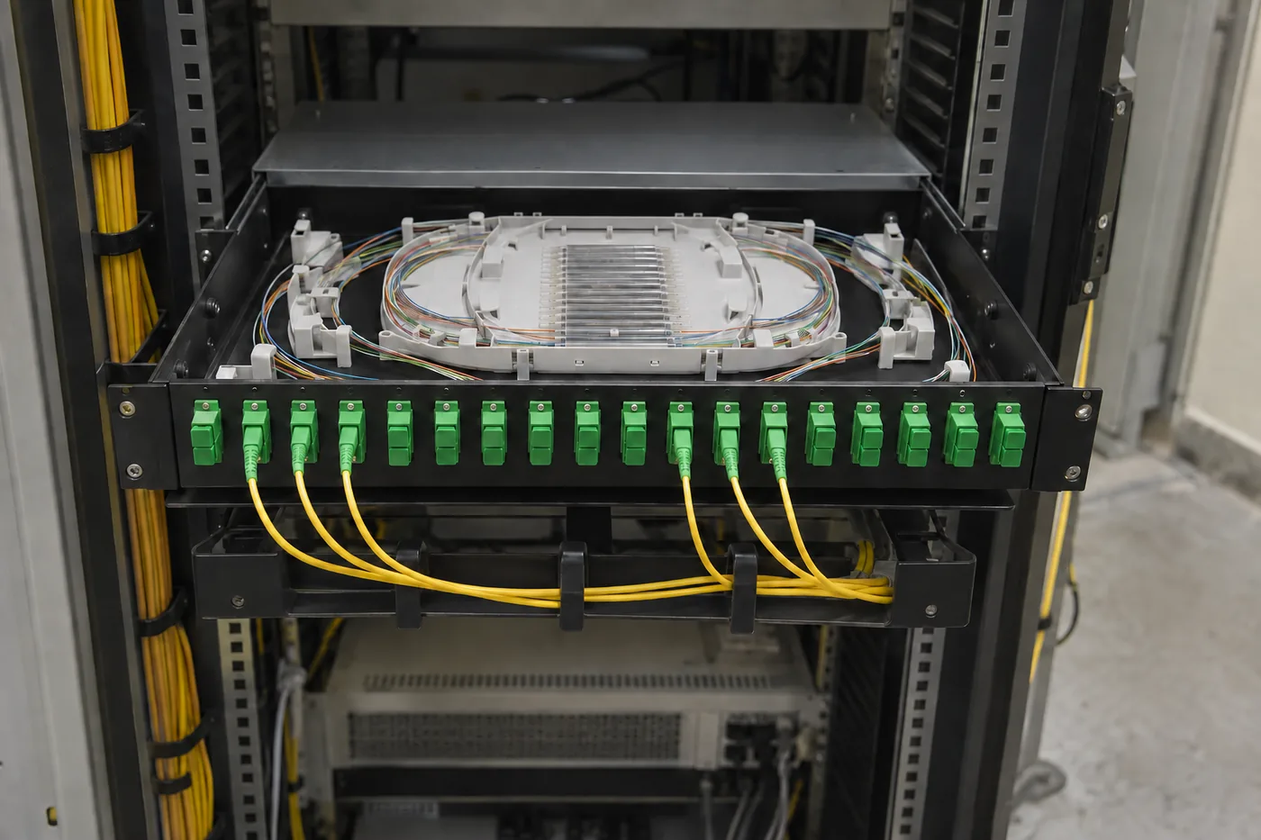 Rack içindeki ODF çekmecesinde düzenli pigtail fiberler ve ön panelde uyumlu adaptörler