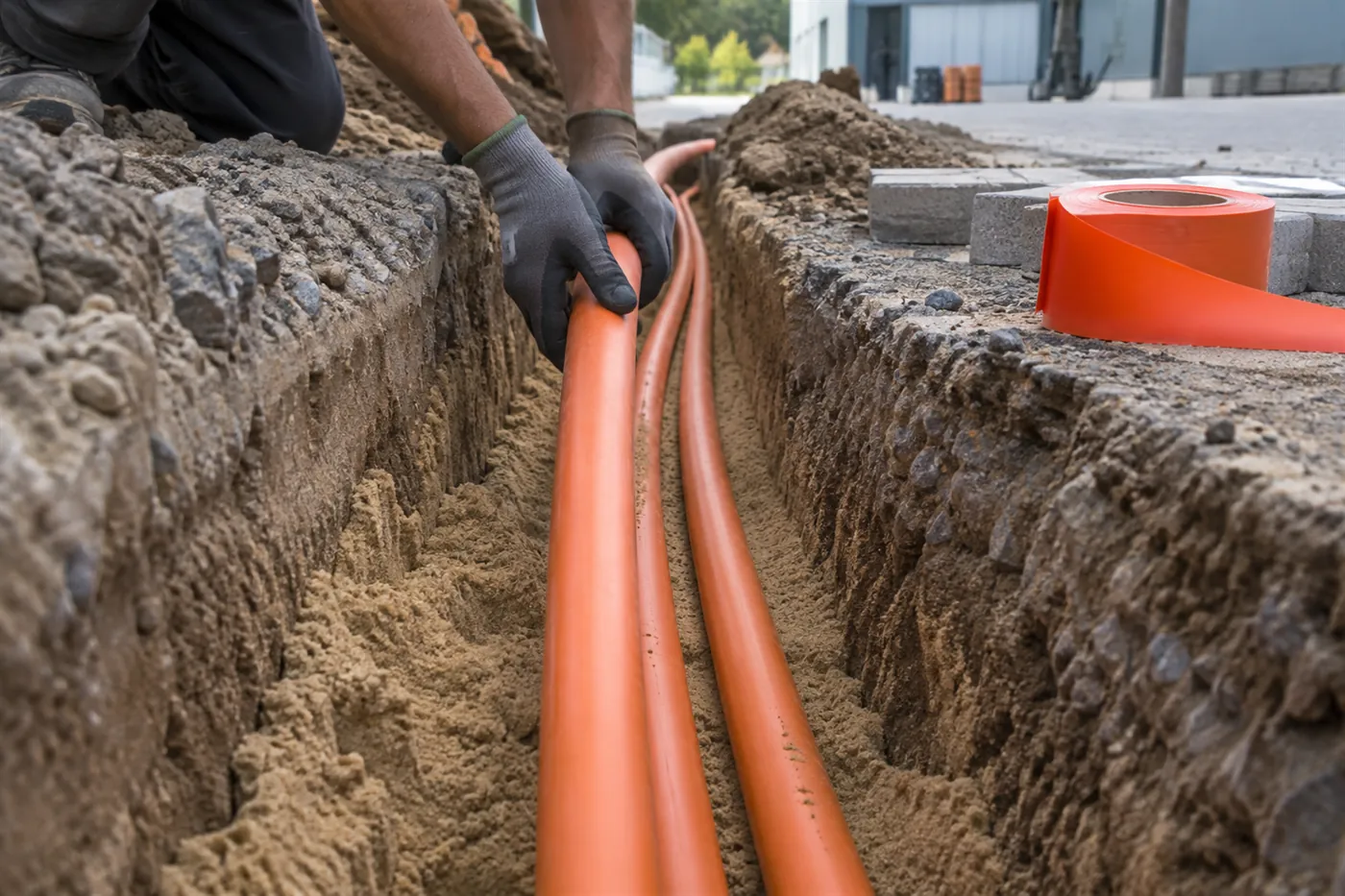 Açılmış kanal içine turuncu HDPE koruyucu boruların yerleştirilmesi ve kenarda ikaz bandı rulosu