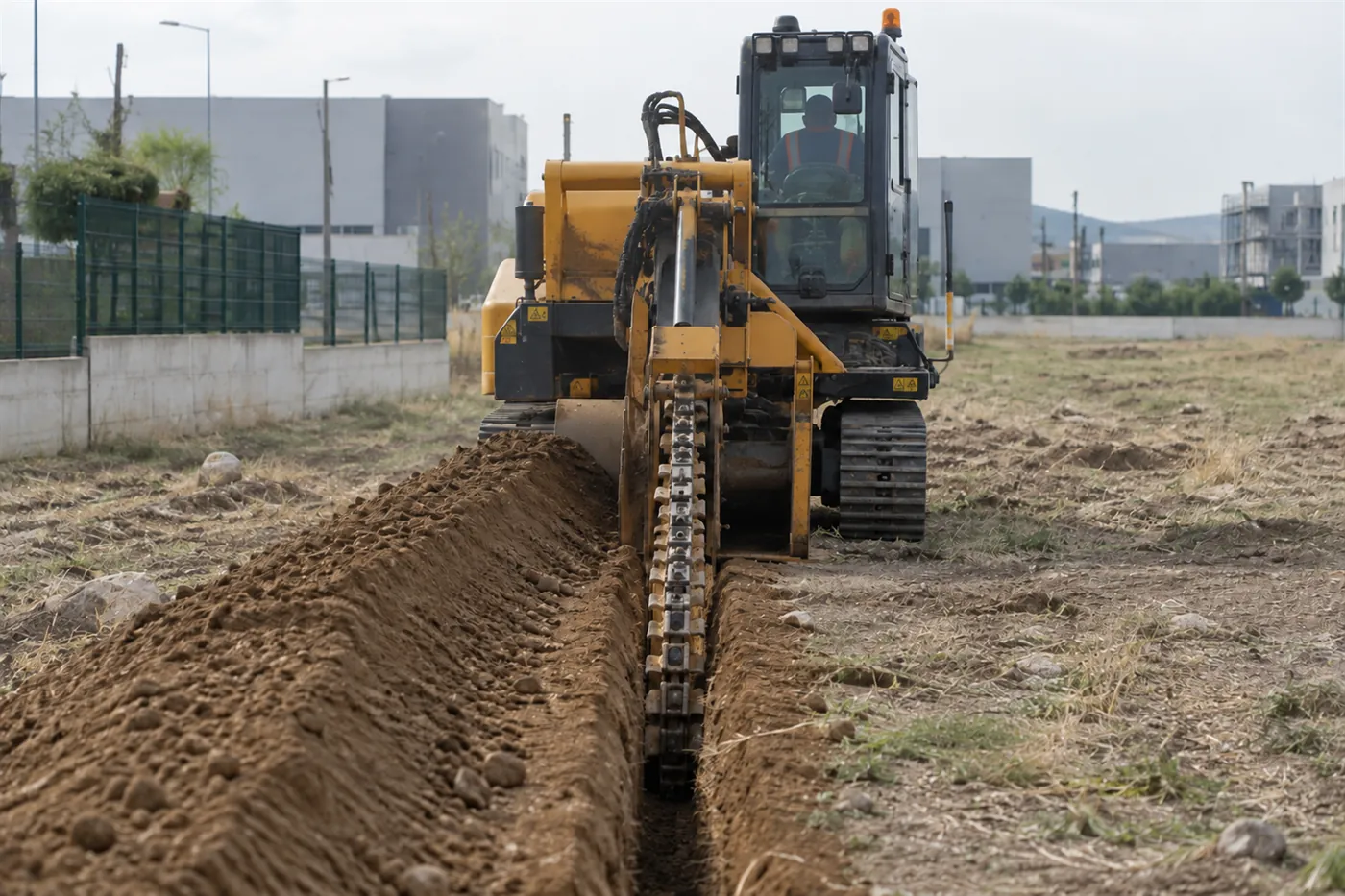 Zincirli kanal açma makinesi toprak zeminde dar bir fiber kanalı açarken, kazılan toprak kanal kenarında