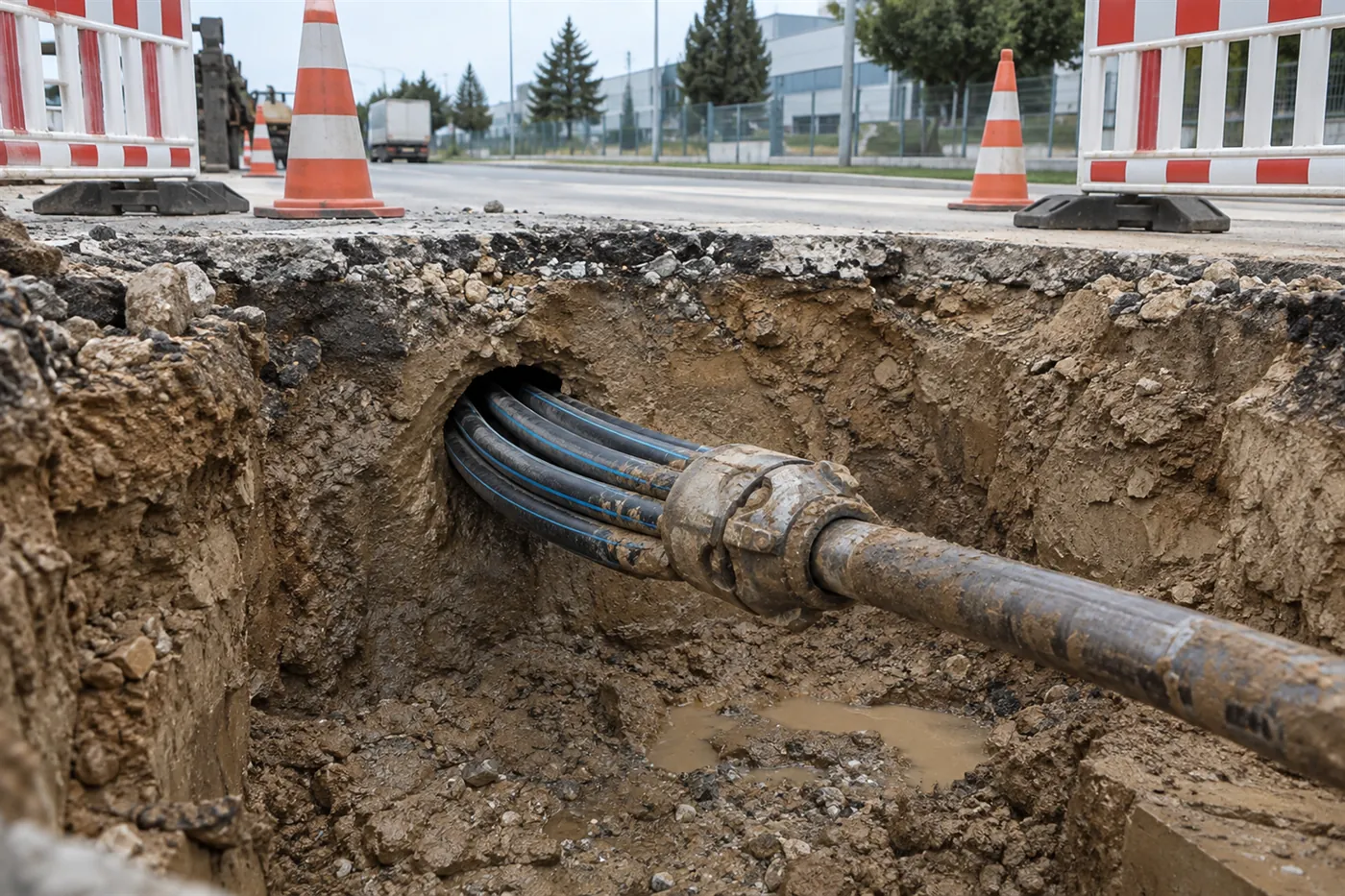 Yol geçişi için yatay delgi ile yerleştirilen koruyucu boruların çıkış noktası ve trafik güvenlik bariyerleri