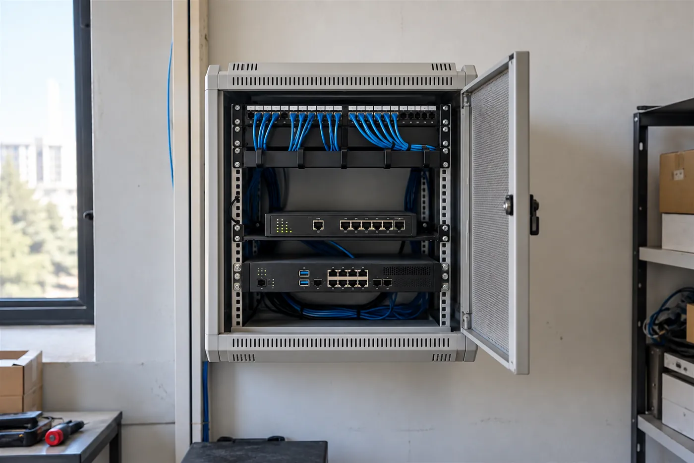 Duvara monte ağ kabinetinde güvenlik duvarı cihazı, switch, patch panel ve düzenli mavi kablolar