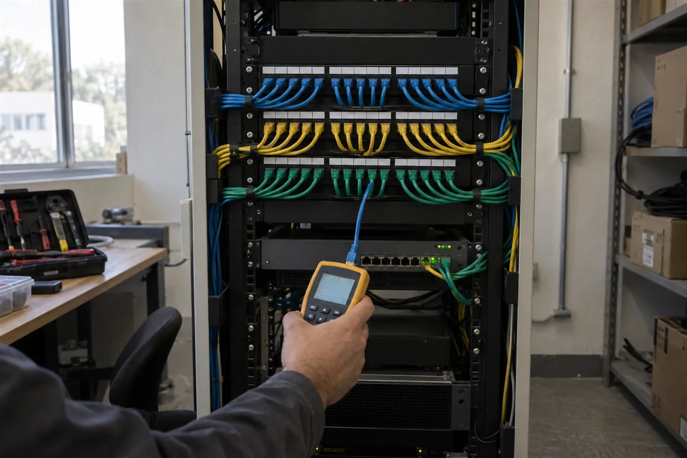 Kabinet içinde renk kodlu patch panel sonlandırmaları ve elde tutulan kablo test cihazı
