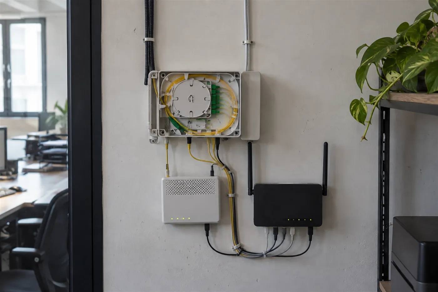 Ofis duvarında fiber sonlandırma kutusu, modem ve yönlendirici ile iki ayrı hattın bağlantısı