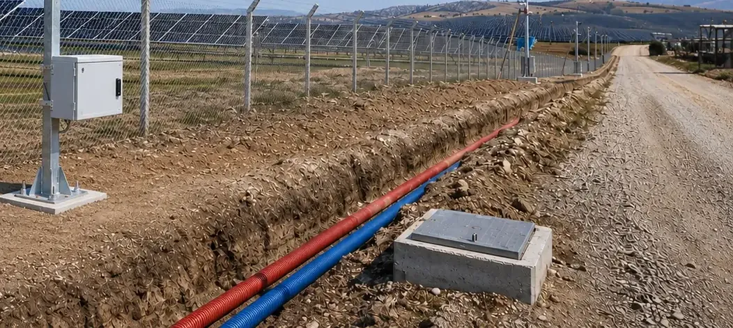 GES sahasında ayrı güzergâhlarda kırmızı enerji ve mavi fiber koruge boruları ile 40×40 cm saha buatı