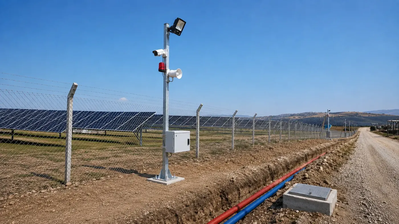Telmag standart GES güvenlik direği: IP kamera, LED projektör, siren, horn hoparlör ve 7U saha kabineti