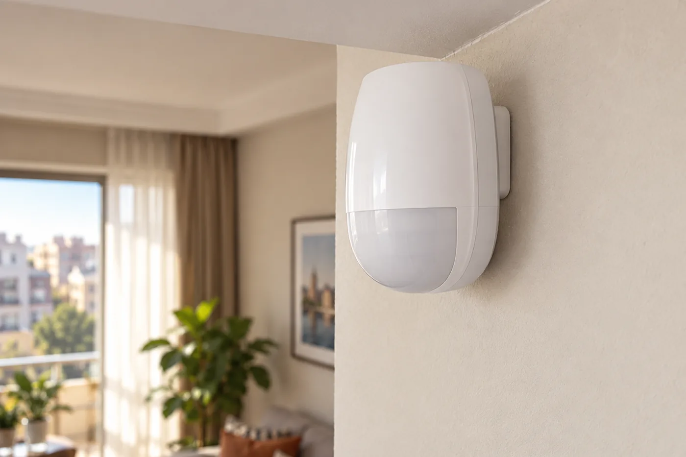 Sade bir salonun duvar köşesine monte edilmiş Hikvision hareket dedektörü