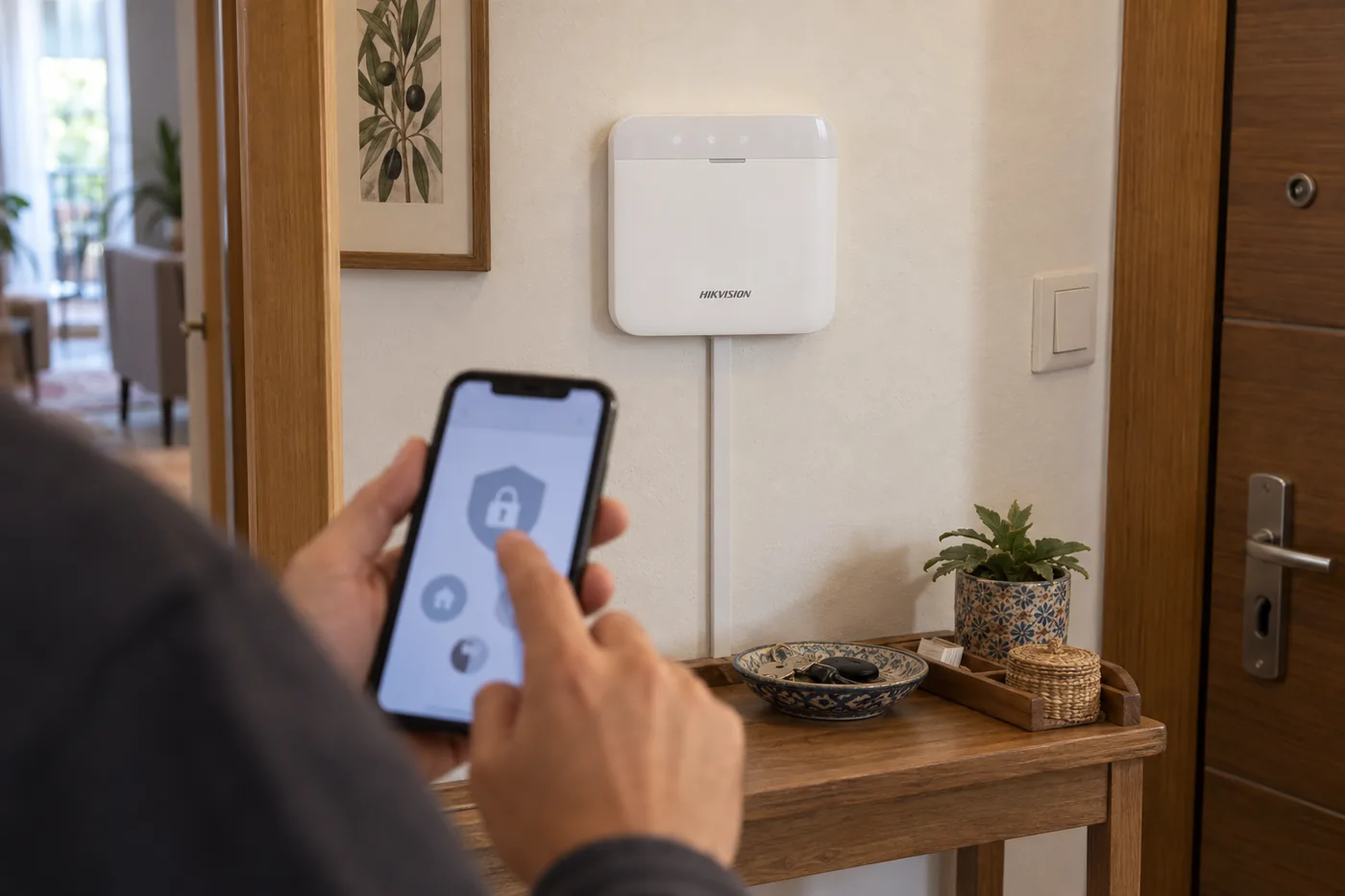 Arka planda Hikvision alarm merkezi bulunan antrede telefonundan alarmını kontrol eden kişinin eli