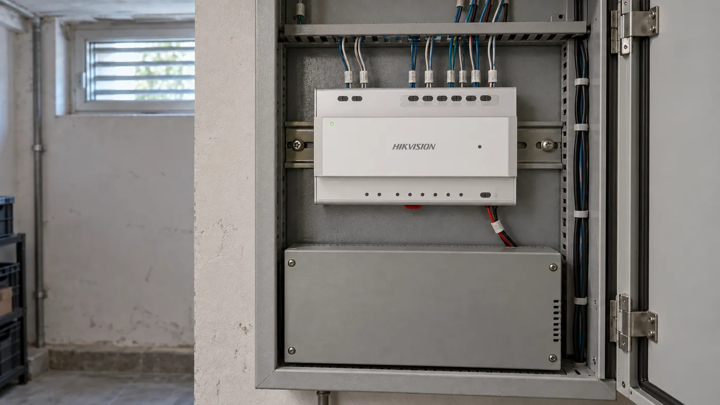 Apartmanın teknik odasında DIN ray üzerindeki Hikvision DS-KAD706Y dağıtıcı ve kanallar içinde düzenlenmiş etiketli kablolar