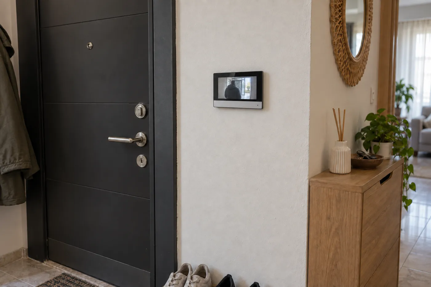 Apartman dairesinin antresinde duvara monte edilmiş Hikvision DS-KH6320-WTE1 monitörde girişteki ziyaretçinin görüntüsü