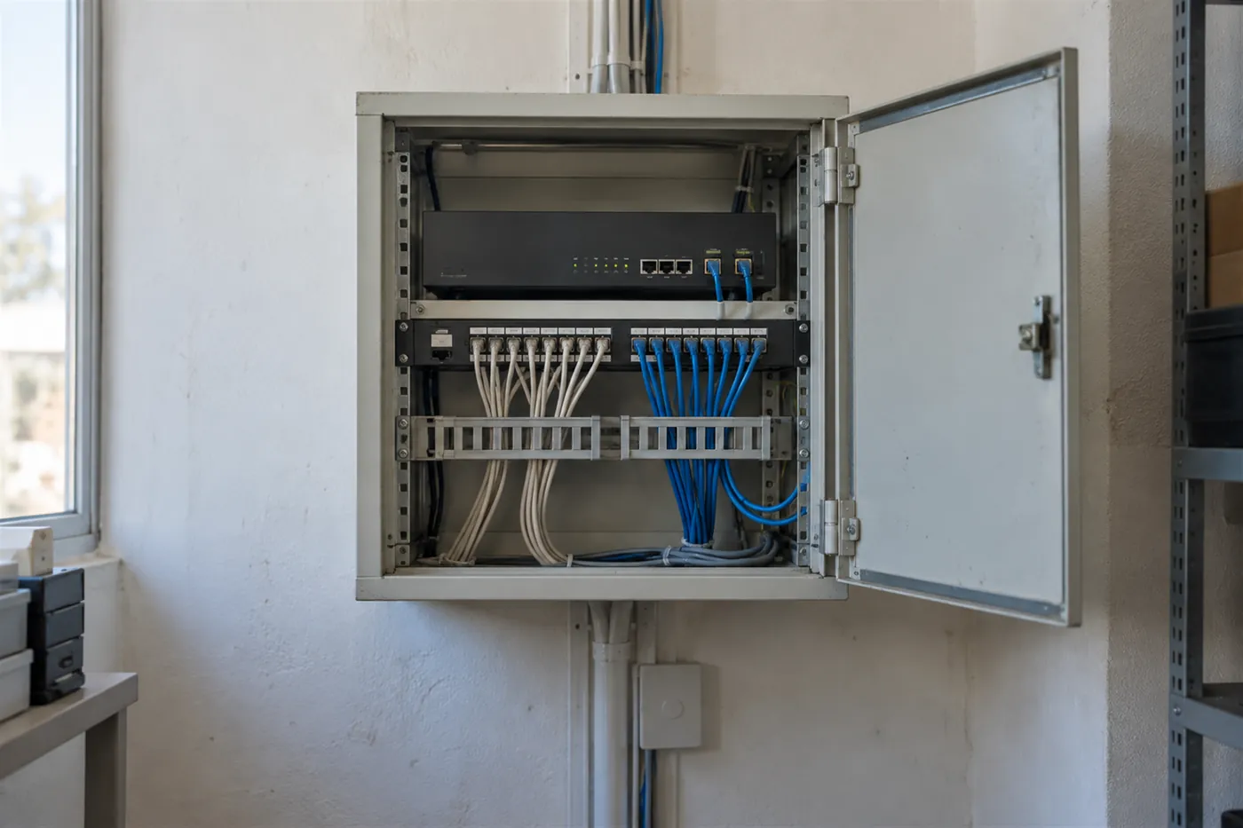 Duvara monte zayıf akım panosunda ağ geçidi cihazı, patch panel ve ayrı kanallarda toplanmış kablolar
