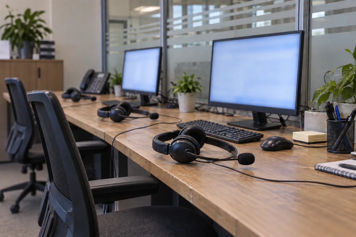 Üç kişilik çağrı çalışma masasında kulaklıklı setler, ekranlar ve masa telefonu
