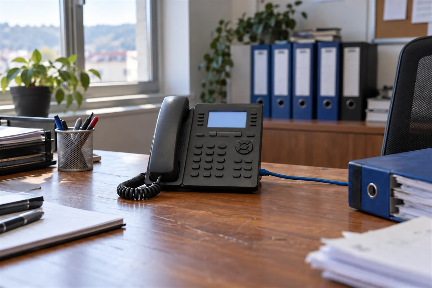 Ofis masasında ağ kablosu bağlı IP masa telefonu, arkasında klasörler ve pencere ışığı