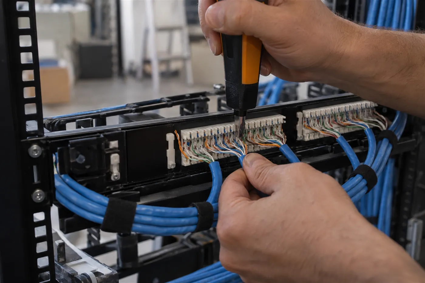 Patch panel arkasında renk kodlu damarların sıralandığı kablo sonlandırma çalışması ve punch down aleti