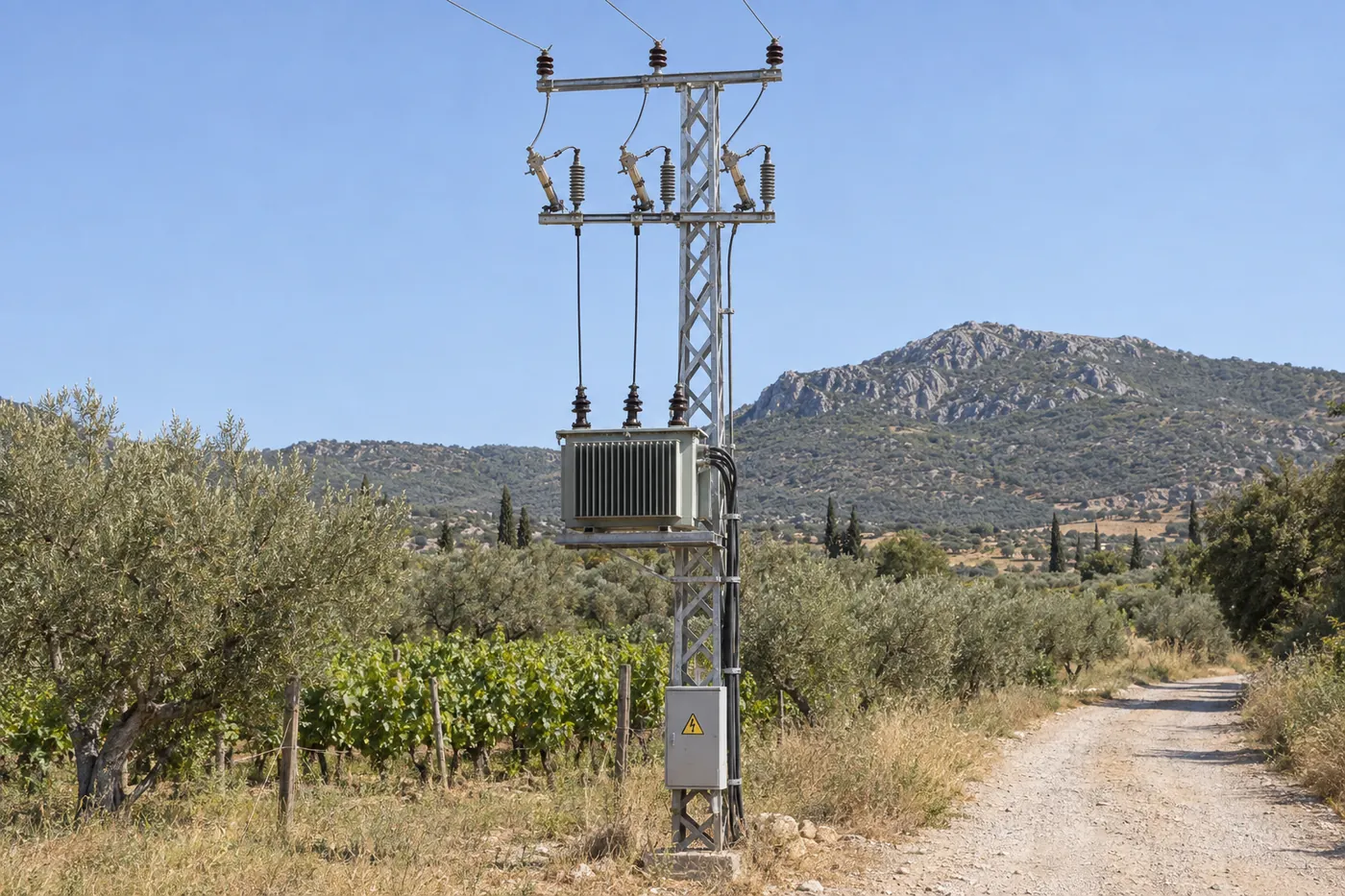 Kırsal alanda çelik kafes direğin platformundaki dağıtım transformatörü, üst bölümde sigortalı ayırıcılar ve parafudrlar