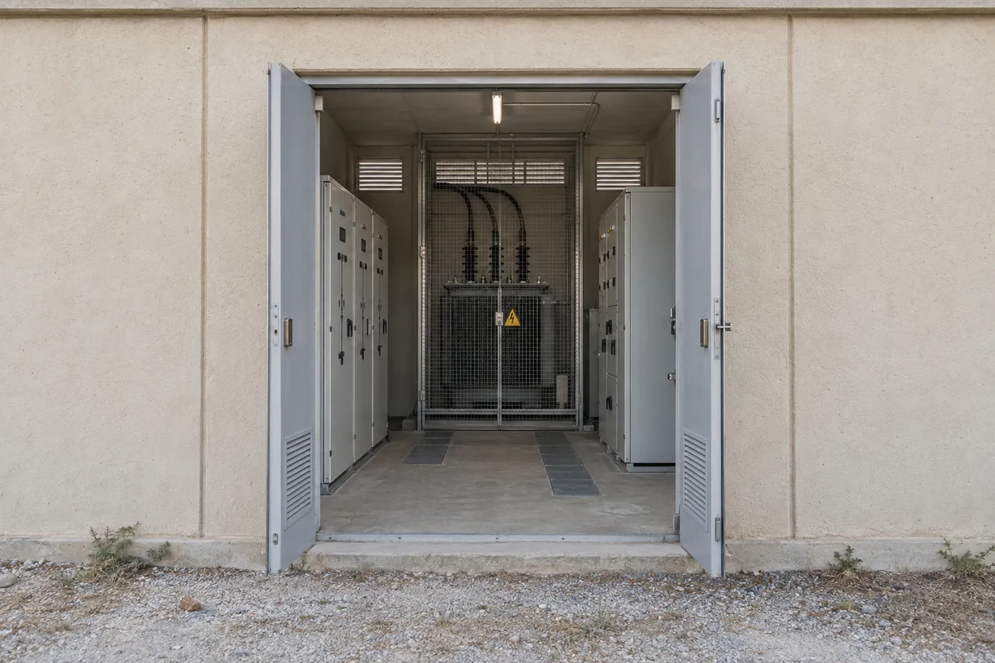 Beton köşk içinde modüler metal mahfazalı OG hücreleri, arkada tel kafesli bölmede dağıtım transformatörü ve AG panosu