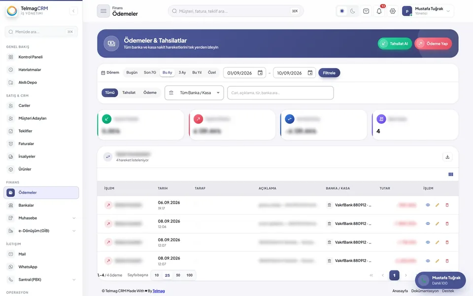 Banka, kasa, çek ve nakit akışı ekranı