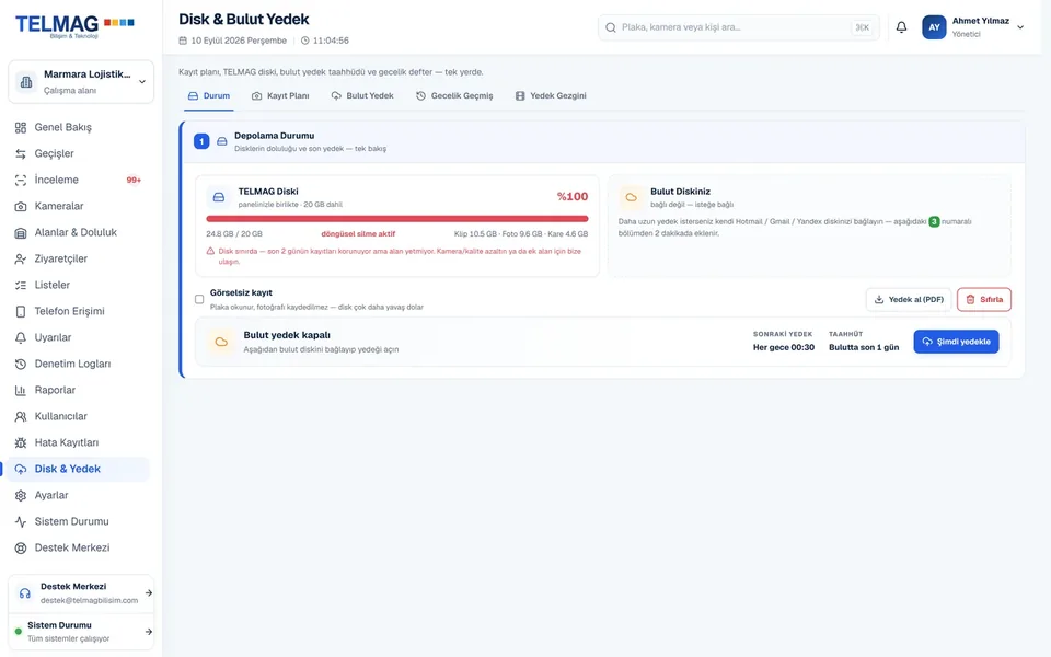 Kayıt planı, disk ve bulut yedek ekranı