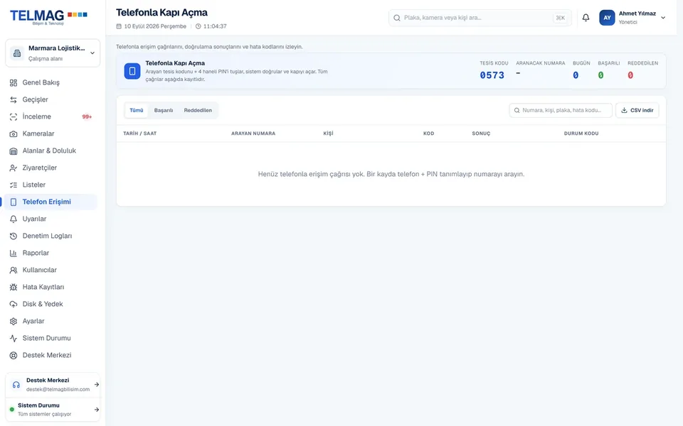 Telefonla kapı açma (DTMF ve PIN) ekranı